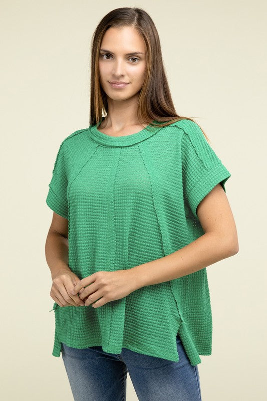 Zenana Brushed Waffle Exposed-Seam Short Sleeve Top