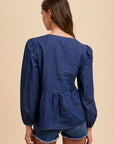 Annie Wear Tie Front Peplum Long Sleeve Denim Top