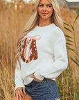 Western Bow Tie Boots Embroidered Drop Shoulder Sweater