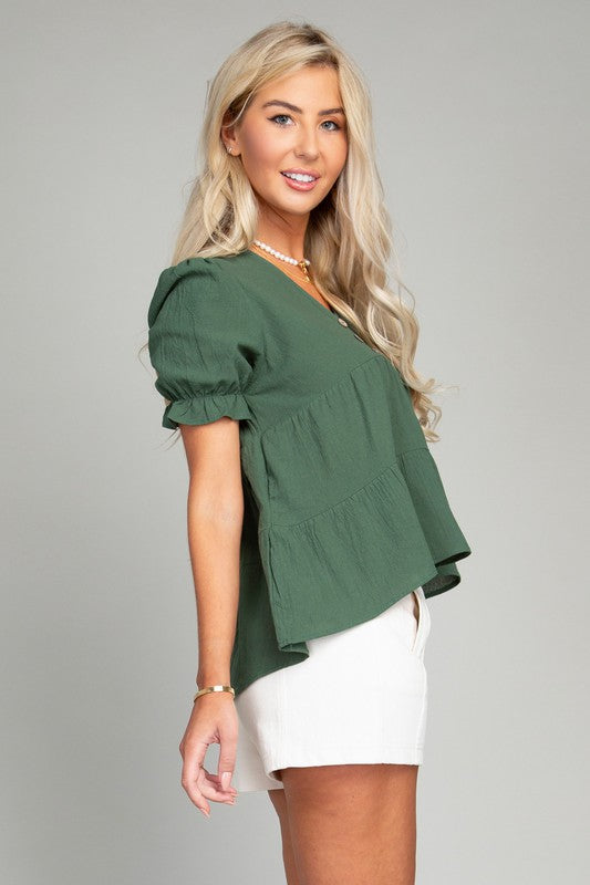 Button Front Puff Sleeve Blouse - Online Only