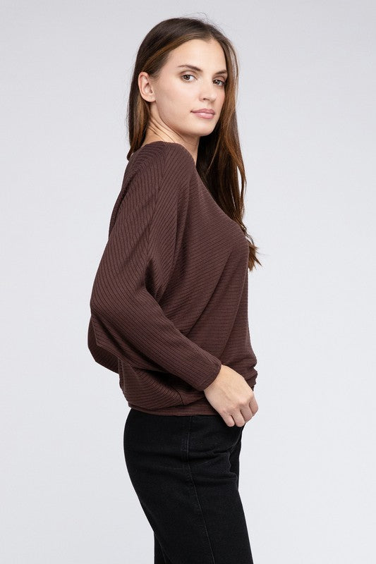 Zenana Ribbed Batwing Long Sleeve Boat Neck Sweater