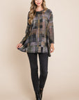 BOMBOM Plaid Round Neck Long Sleeve Top