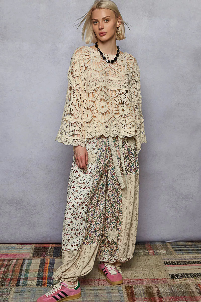 POL Round Neck Weave Knit Pattern Cropped Cover Up