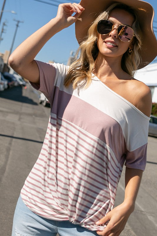 e Luna Solid Stripe Mix One Shoulder Top