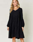 Double Take Full Size V-Neck Balloon Sleeve Tiered Dress with Pockets