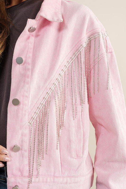 Cropped Denim Jacket with Rhinestone Fringe