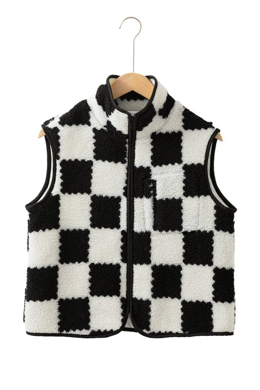 Checker Sherpa Collared Jacket Vest