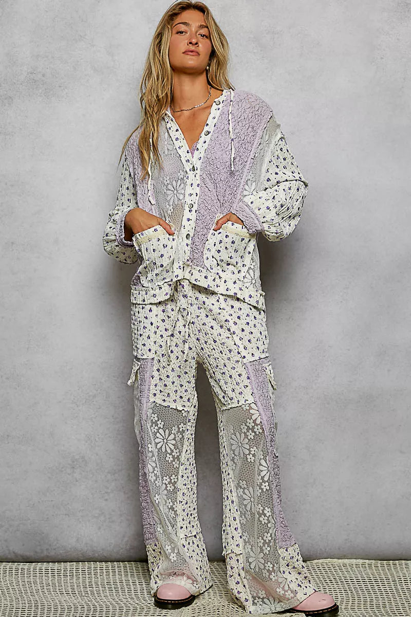 POL Floral Balloon Sleeve Hooded Lace Jacket with Stitch Detail
