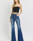 RISEN Distressed Button-Fly Flare Jeans