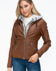 YMI Faux Layered Double-Zipper Jacket with Fuzzy Hood