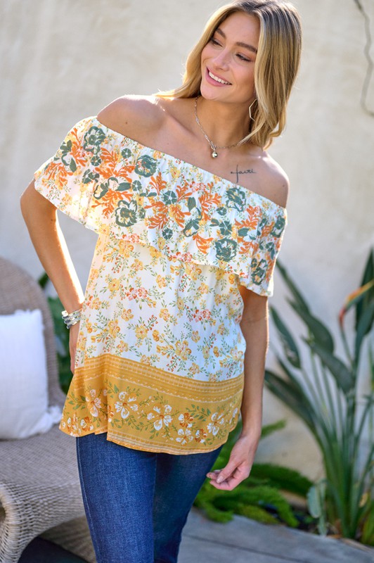 Davi &amp; Dani Printed Off Shoulder Smocked Top