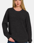 Zenana High Low Long Sleeve Waffle Sweater