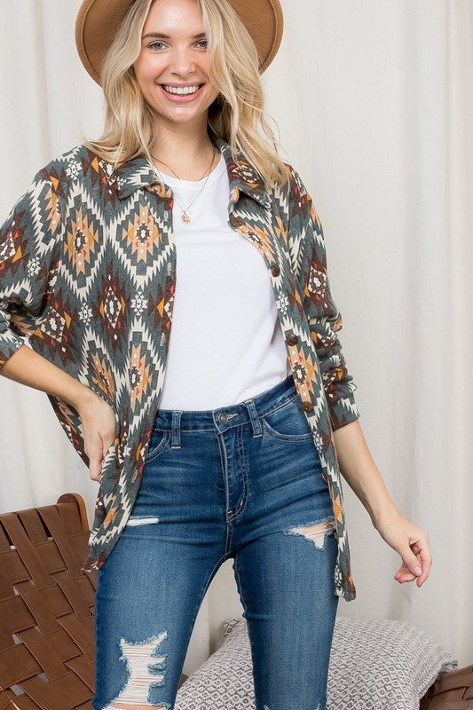 e Luna PLUS Fuzzy Aztec Button Down Shacket