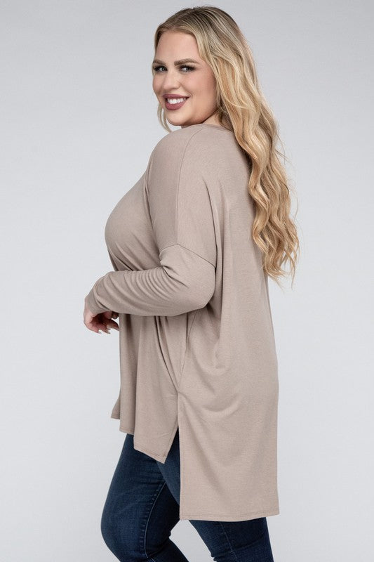 Zenana Plus Dolman Sleeve V-Neck Side Slit Hi-Low Hem Top