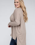 Zenana Plus Dolman Sleeve V-Neck Side Slit Hi-Low Hem Top