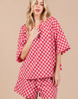 Ces Femme Checkered Round Neck Top and Shorts Set