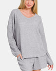 Zenana V-Neck Long Sleeve Ribbed Top and Shorts Set