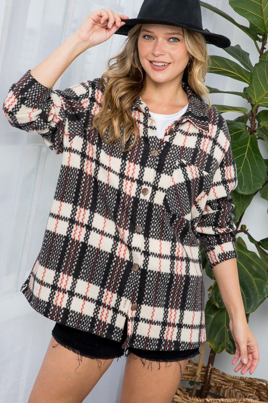 e Luna PLUS Fuzzy Plaid Button Down Shacket