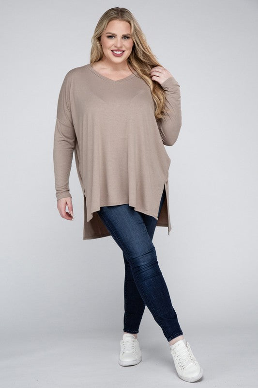 Zenana Plus Dolman Sleeve V-Neck Side Slit Hi-Low Hem Top