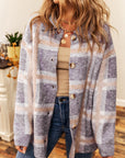 Plaid Button-Up Collared Fuzzy Cardigan