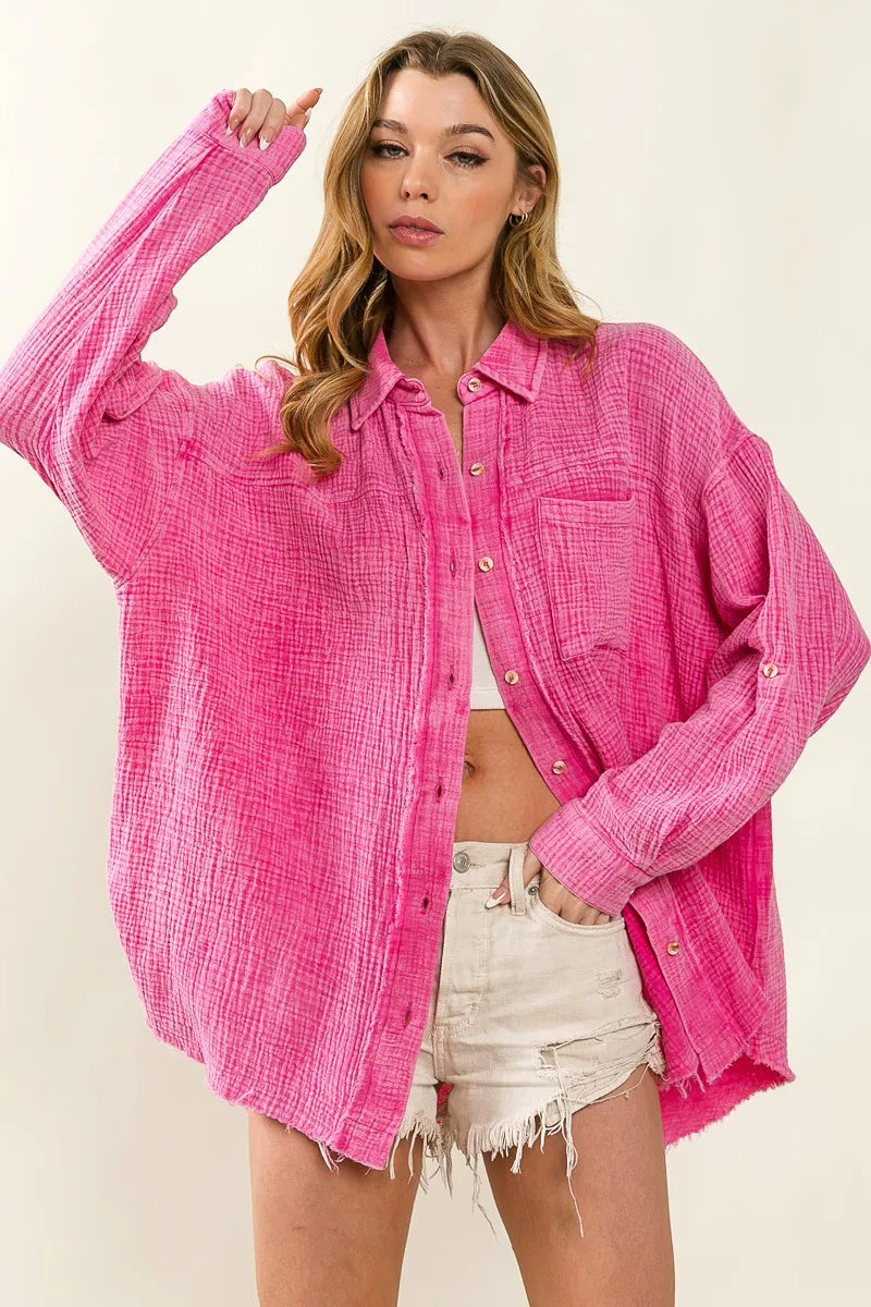 BiBi Raw Edge Detailed Mineral Washed Loose Fit Shirt in Fuchsia