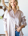 First Love Full Size Ditsy Dot Button Down Collared Satin Shirt