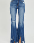 RISEN Full Size High Rise Front Slit Frayed Hem Flare Jeans