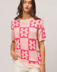 BiBi Flower Checker Pattern Short Sleeve Sweater