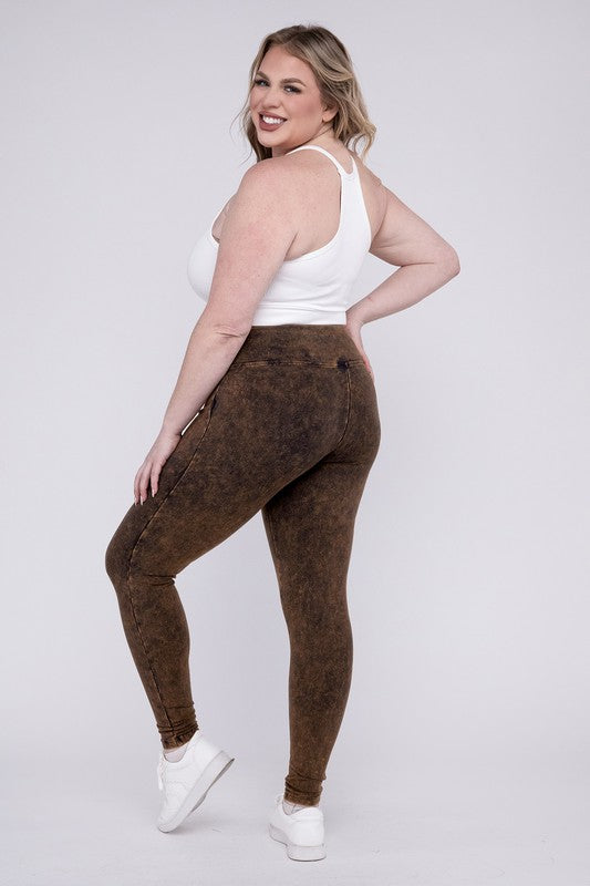 ZENANA Plus Mineral Washed Wide Waistband Yoga Leggings