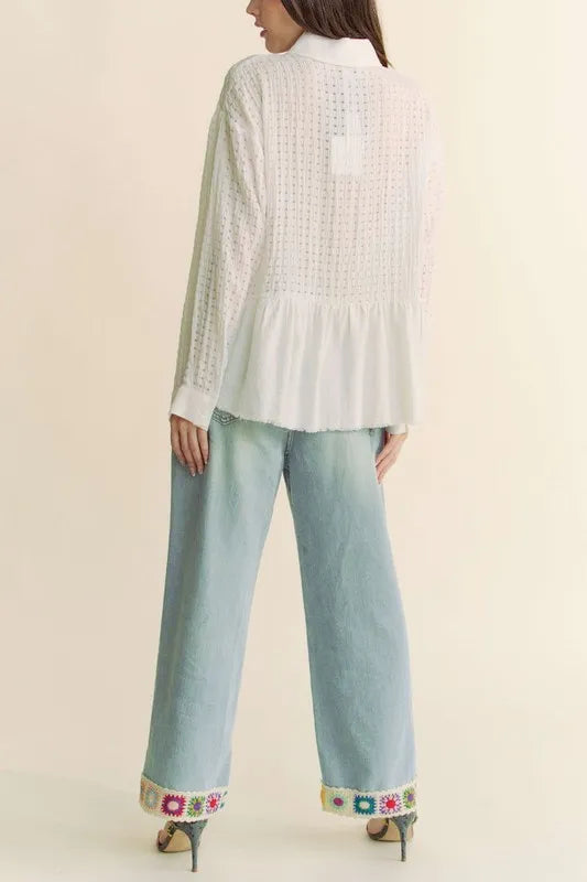 Davi & Dani Garment Washed Jacquard Button Front Shirt in White