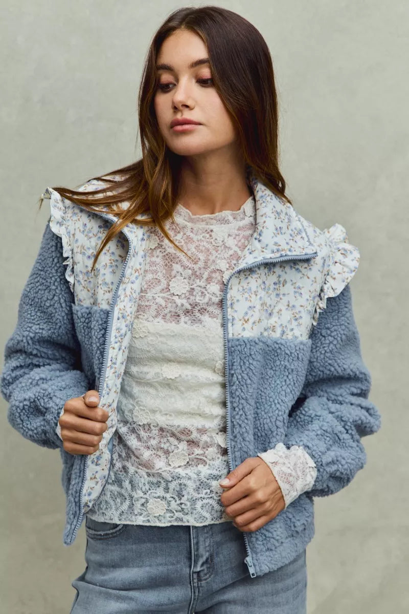 SO ME Faux Fur Sherpa Pull Jacket with Floral Contrast