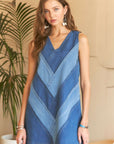 ADORA Chevron Color Block V-Neck Denim Dress