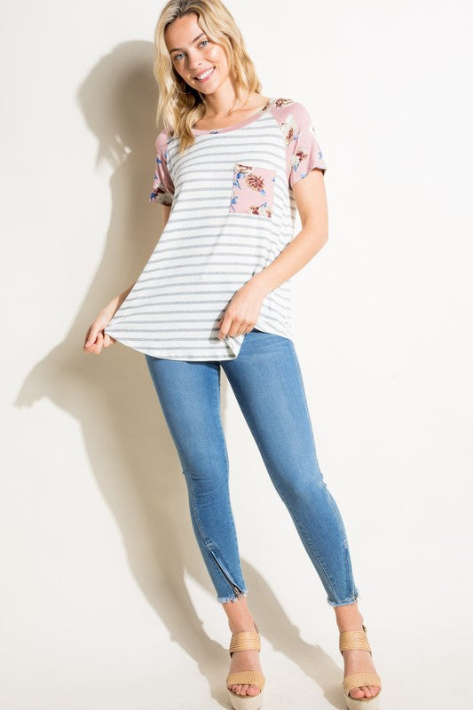 e Luna Striped Floral Mix Pocket Top