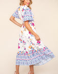 Haptics Printed Notched Short Sleeve Tiered Dress