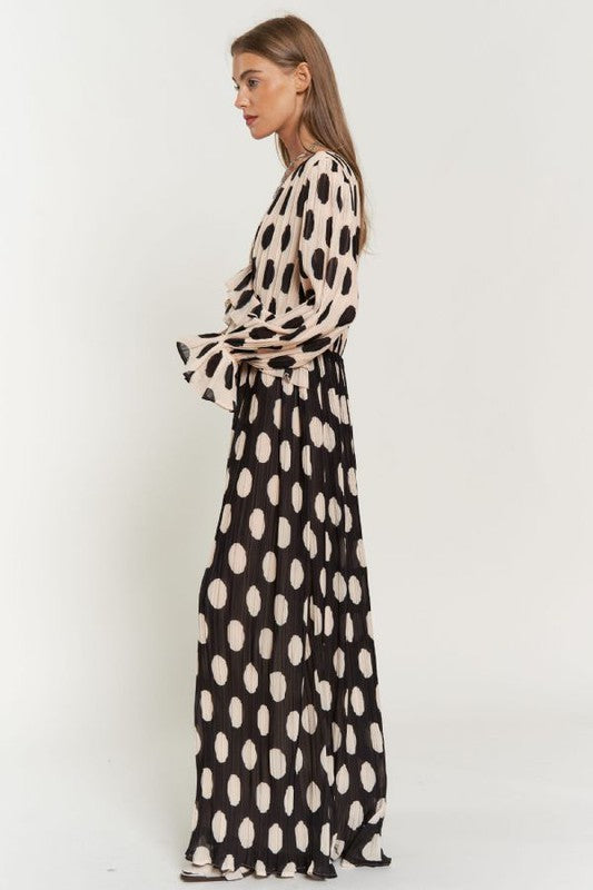 Davi &amp; Dani Polka Dot Ruffled Long Sleeve Pleated Maxi Dress