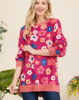 Celeste Full Size Side Slit Flower Print Long Sleeve Top