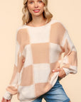 Haptics Full Size Checkered Round Neck Drop Shoulder Sweater