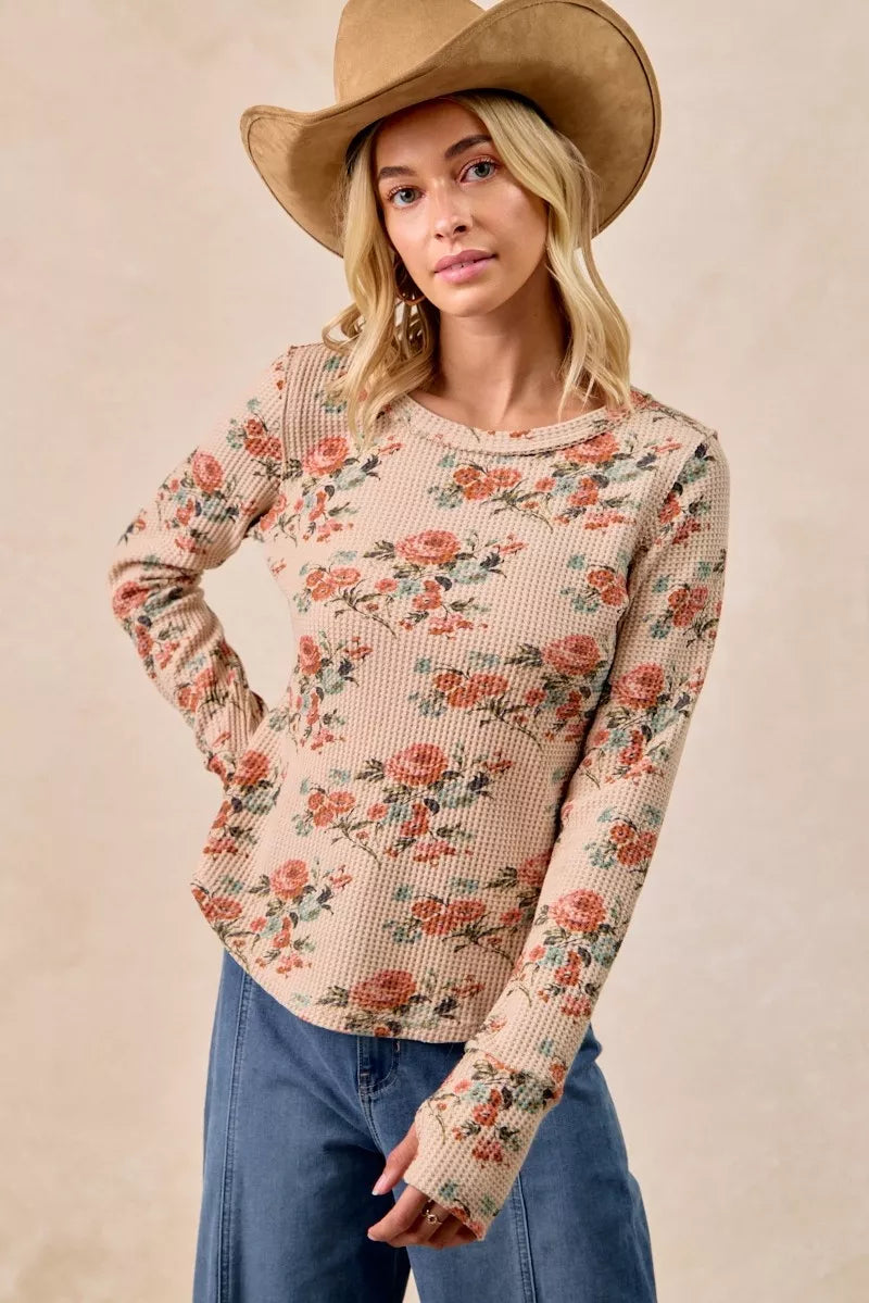 BiBi Floral Print Washed Waffle Thermal Top with Thumb