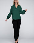 Zenana Woven Airflow V-Neck Long Sleeve Top