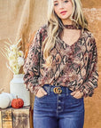 And The Why Choker Neck Dolman Sleeve Snake Print Top