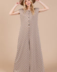 Ces Femme Checkered Half Button Cap Sleeve Jumpsuit