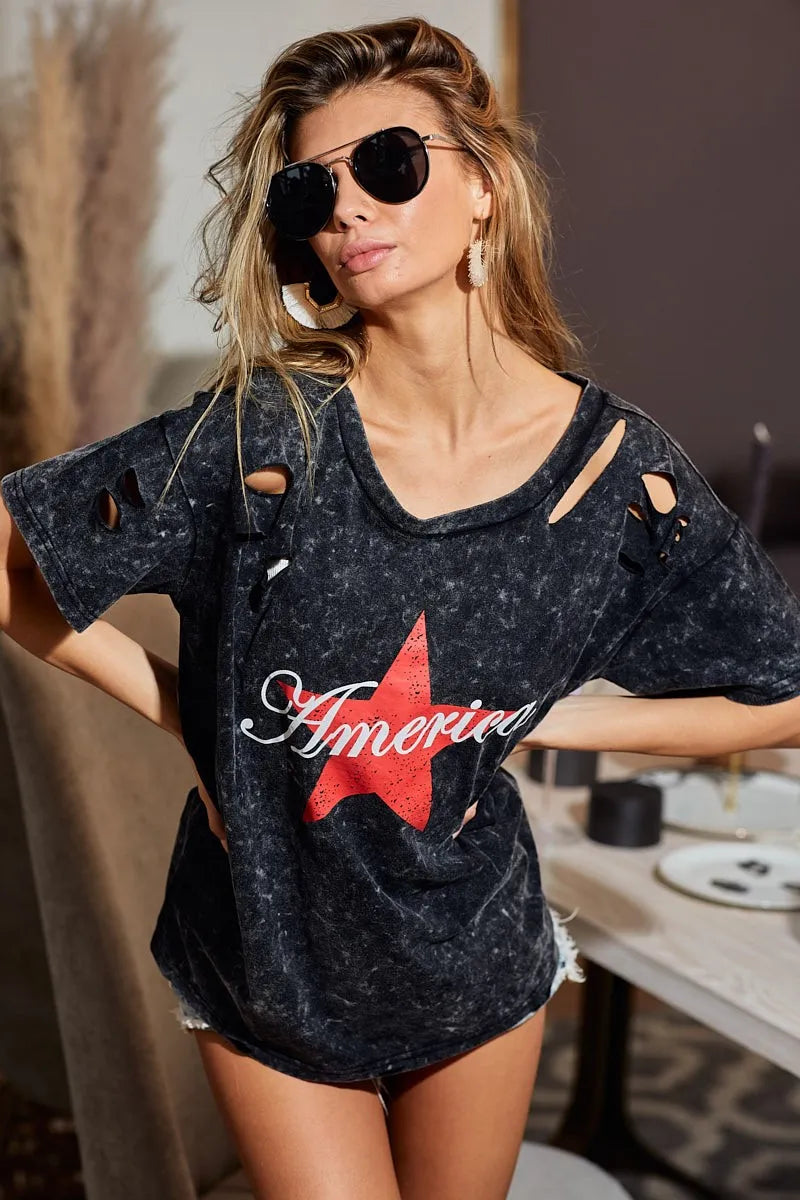 BiBi Laser Cut Mineral Washed Jersey Top with  America in Black