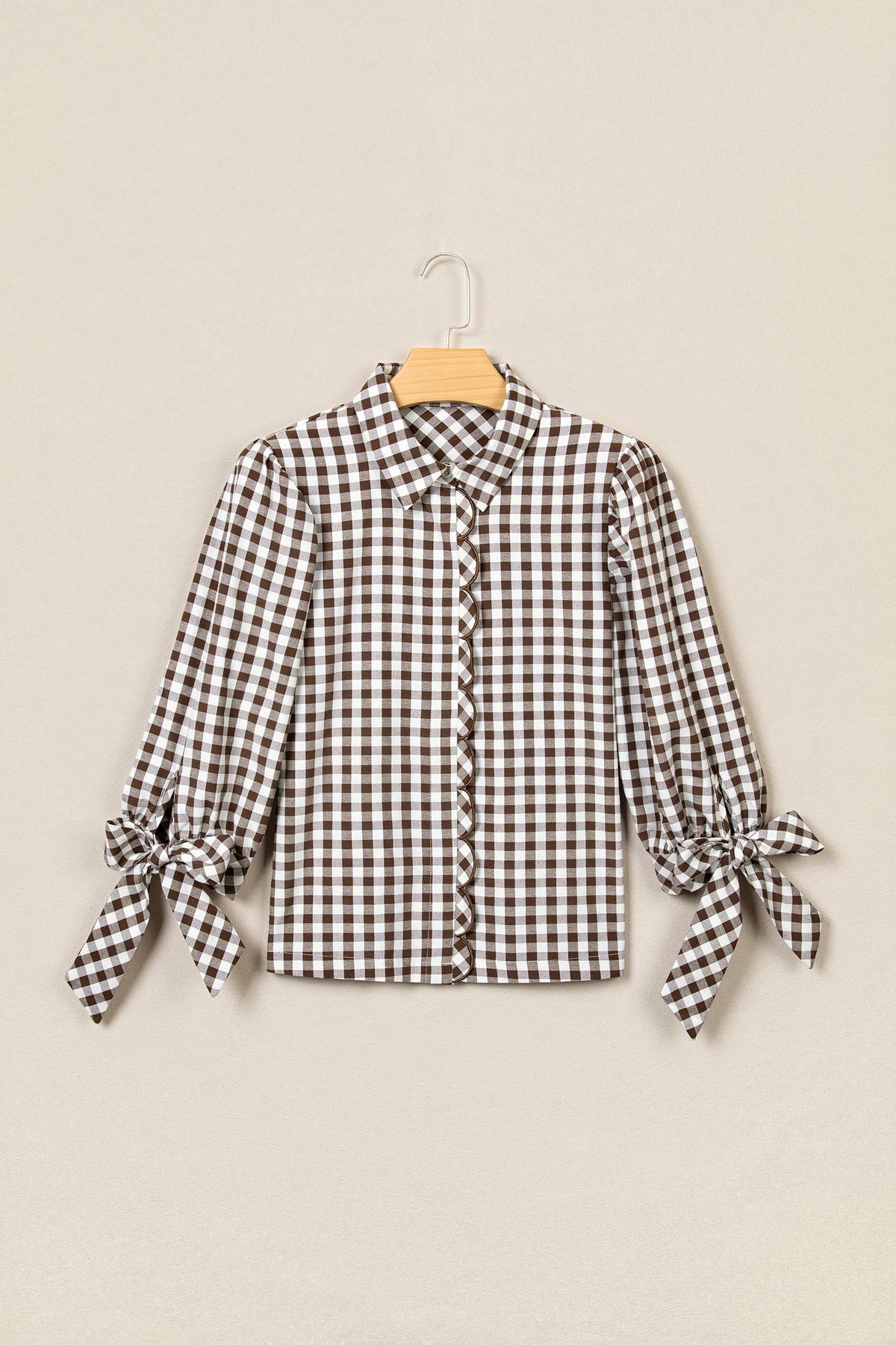 Brown Gingham Ruffle Collar Bow Cuff Blouse