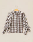 Brown Gingham Ruffle Collar Bow Cuff Blouse