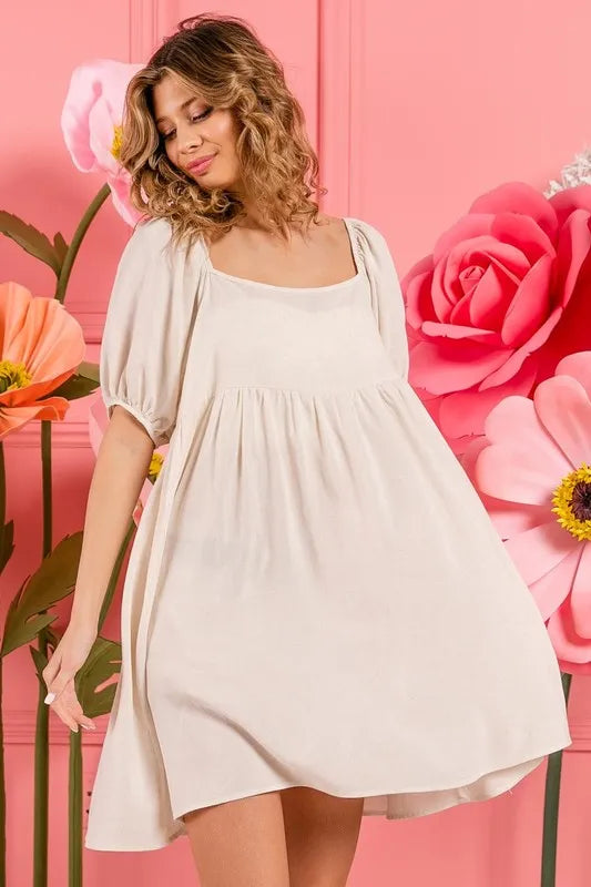 BiBi Washed Linen Tiered Midi Dress with Puff Sleeves