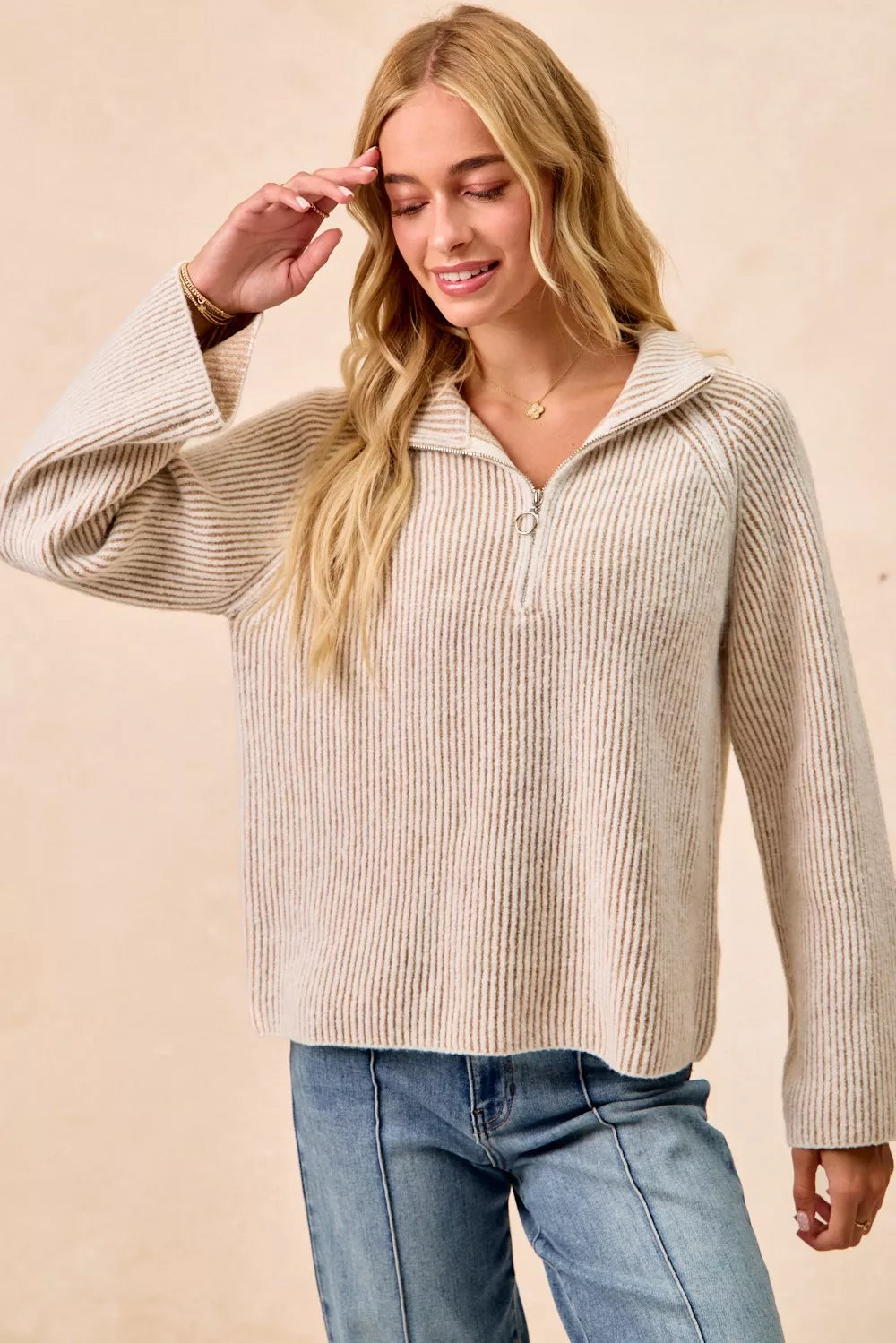 BiBi Two Tone Rib Texured Knit Collared Top with Zip Up