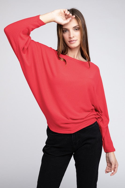 Zenana Ribbed Batwing Long Sleeve Boat Neck Sweater