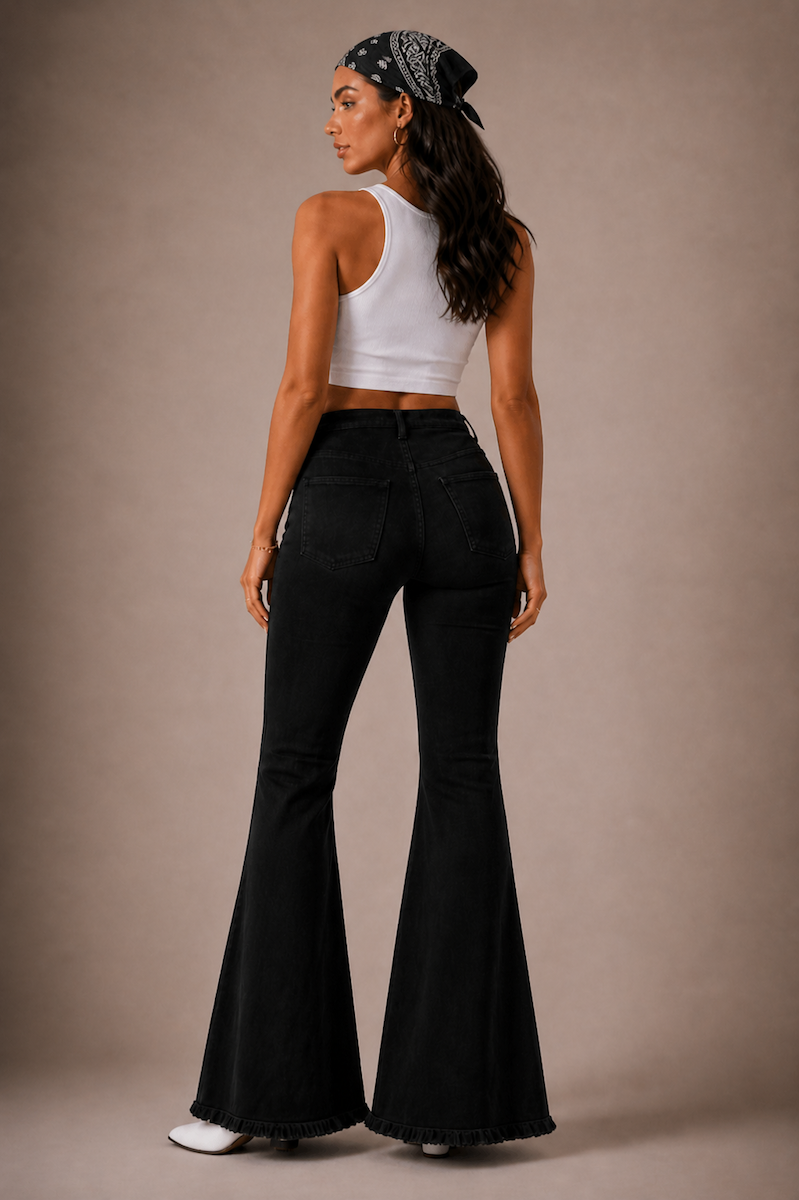 GJG Denim Midnight Stardust Star-Studded Bell Bottom Jeans — Black