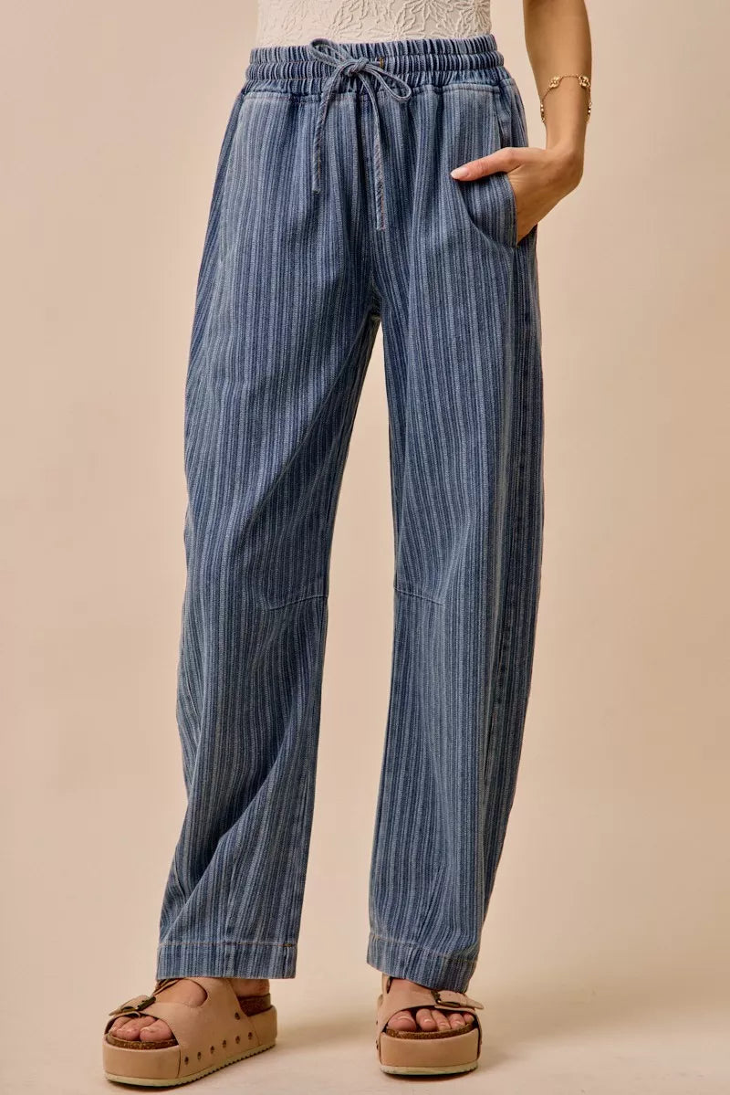 SO ME Stripe Denim Barrel Jeans Drawstring Waistband