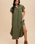 Annie Wear Mineral Washed Button Down Puff Sleeve Shirt Dress